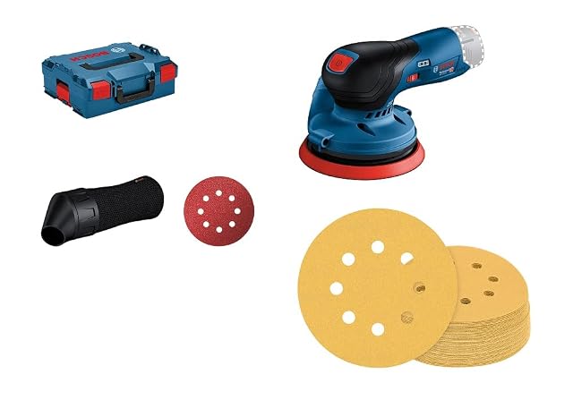 Bosch Professional GEX 12V-125 Exzenterschleifer in einer L-BOXX mit Schleifscheiben, Produktfoto