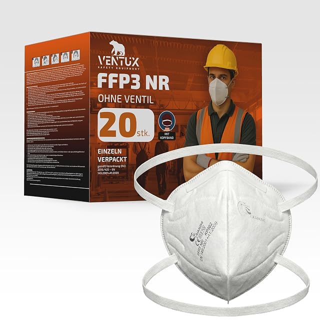 Zwanzig einzeln verpackte FFP3-Staubmasken mit Kopfbändern, Produktfoto