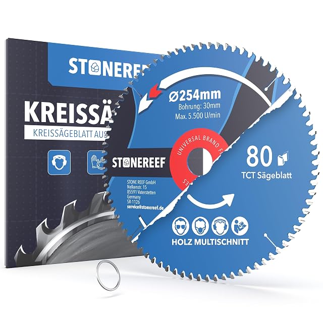 Blaues Kreissägeblatt 254 mm mit 80 Zähnen und Reduzierringen, Produktfoto